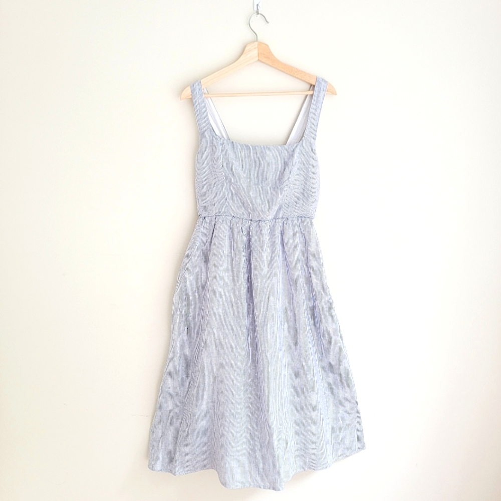 NWT Quince 100% European Linen Fit & Flare Midi Dress, blue pinstripe, M